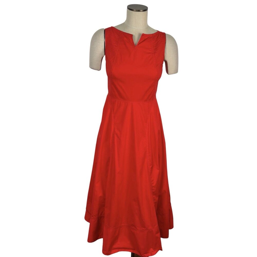 eShakli S Red Cotton Fit & Flare Midi Maxi Dress Notch Neck Sleeveless Pleated
